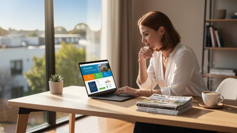 Femme en bureau moderne analysant une landing page pour LP promotion, ambiance professionnelle et lumineuse