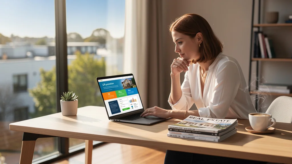 Femme en bureau moderne analysant une landing page pour LP promotion, ambiance professionnelle et lumineuse