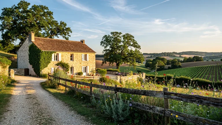 Vue photoréaliste d'une maison en pierre au cœur du paysage rural de Nièvre Habitat sous lumière dorée