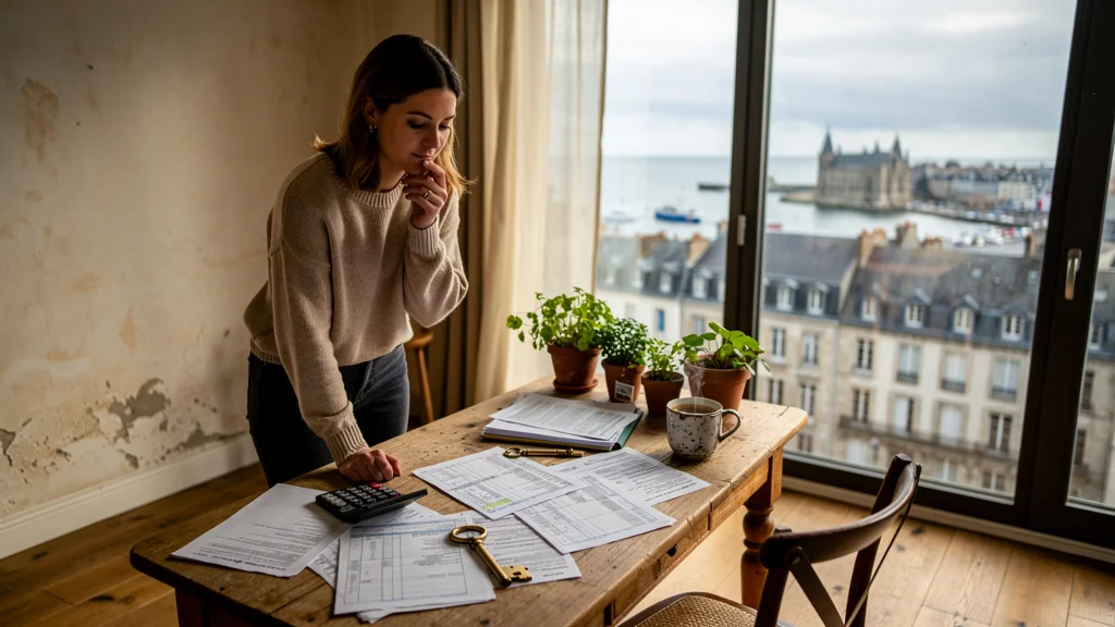 Femme réfléchissant aux frais annexes oubliés lors de son premier achat immobilier à Brest