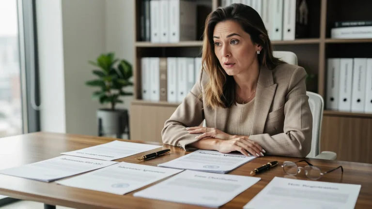Femme rédactrice lisant attentivement des documents sur la nouvelle loi succession 2025 dans un bureau moderne