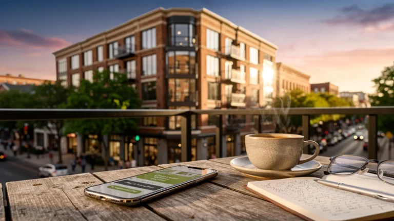 Offre au prix ou négociée pour bien immobilier très visité, smartphone affichant options d’achat en extérieur urbain