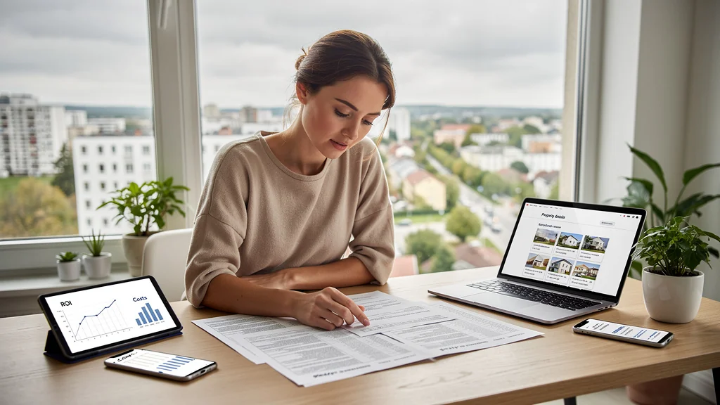 Femme professionnelle analysant des documents immobiliers pour Prox'immo, autonomie et coûts mesurés