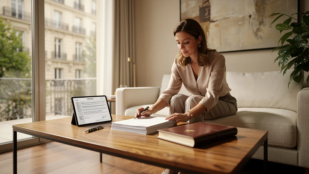 Femme examinant des documents immobiliers symbolisant qui paye les frais de notaire en immobilier