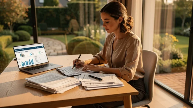 Femme professionnelle examinant des documents pour sortir d'indivision immobilière, bureau moderne lumineux