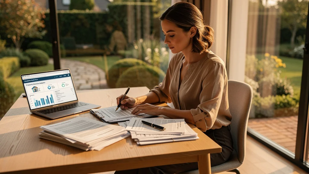 Femme professionnelle examinant des documents pour sortir d'indivision immobilière, bureau moderne lumineux