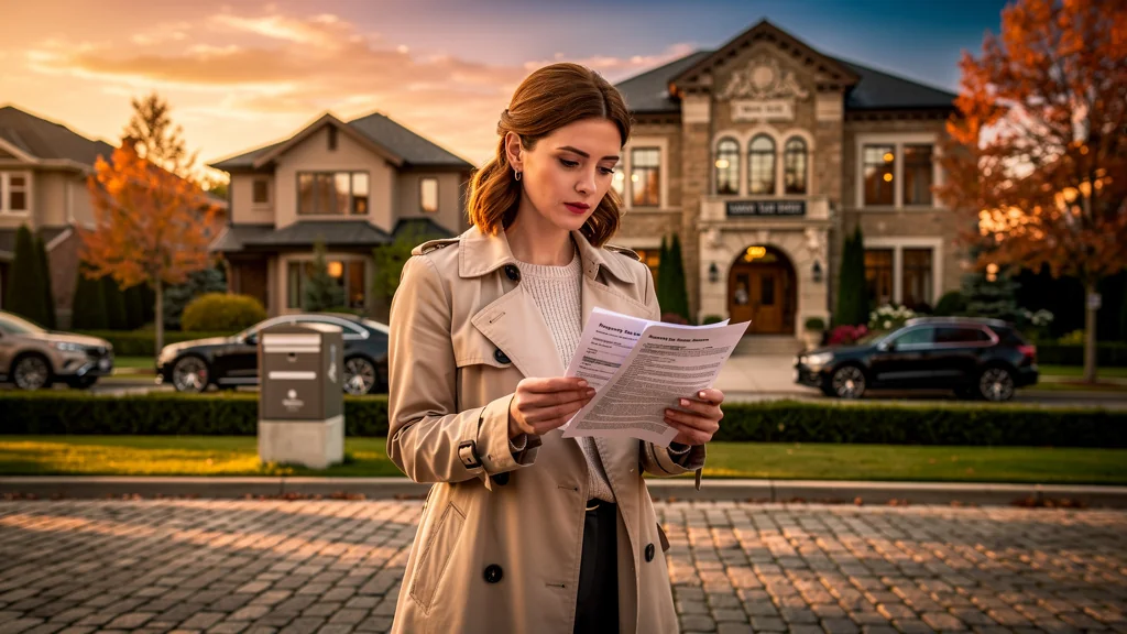 Femme examinant des documents de taxe foncière avant achat immobilier dans un quartier résidentiel calme