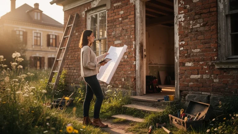 Femme visitant seule une maison ancienne pour évaluer le bâti avec plans et tablette en main