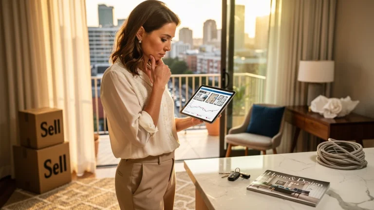 Femme réfléchissant à la vente et rachat immobilier dans un intérieur moderne lumineux