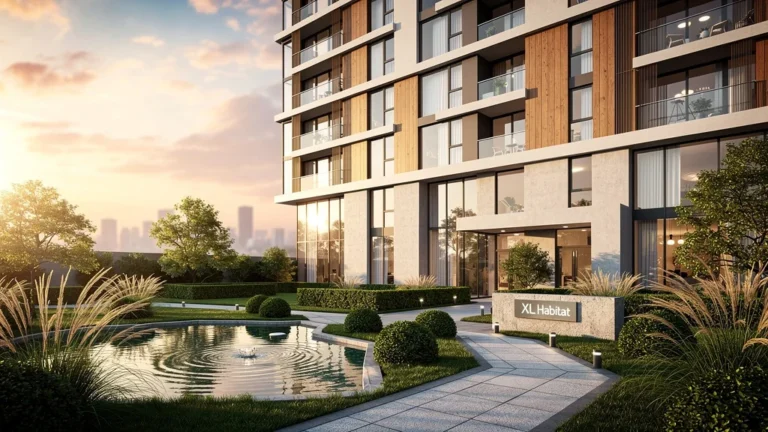 Vue ultra-réaliste d'un logement XL Habitat moderne baigné de lumière naturelle, ambiance urbaine et résidentielle apaisante