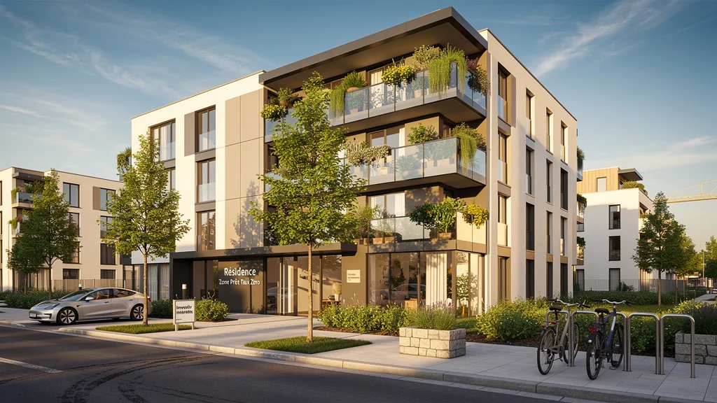Quartier résidentiel moderne illustrant une zone prêt à taux zéro, idéal pour investissement immobilier rentable